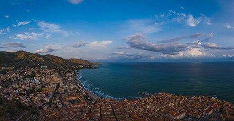 Panoramic aerial drone view of the Cefalu , Sicily, Italy by sunrise. Litttle town in Sicily near Palermo. Travel concept. August 2024