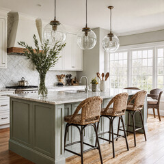 Elegant Farmhouse Kitchen with Green Island, Globe Pendant Lighting, and Natural Accents