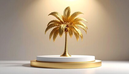 Golden palm tree sculpture with polished fronds glowing under warm spotlight on dark elegant base…