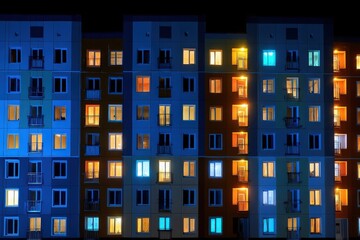A vibrant night scene of an apartment building, showcasing illuminated windows in various colors against a dark background.