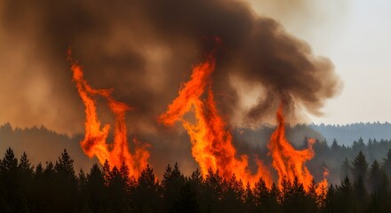 Raging Forest Fire with Towering Flames and Billowing Smoke.