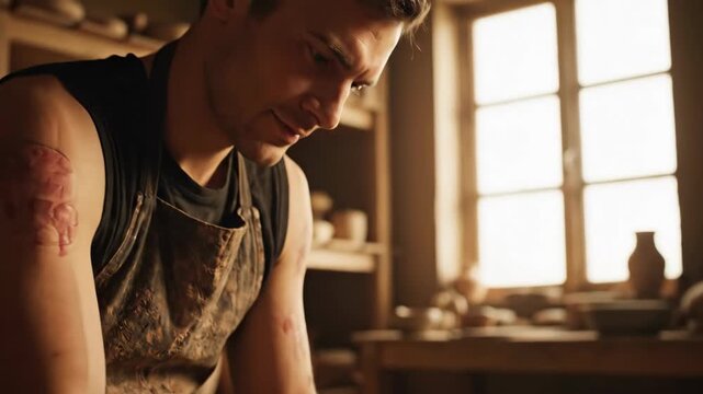 The skilled and dirty hands of a potter carefully shape a piece of wet clay on a spinning pottery wheel in a rustic sunlit workshop