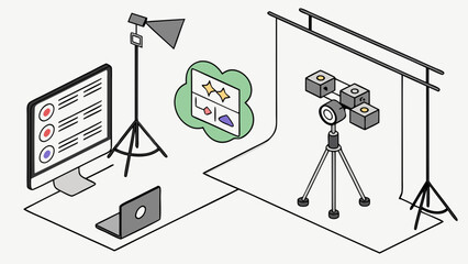 Studio Photography Setup Isometric Illustration of Lighting Equipment Computer and Laptop.