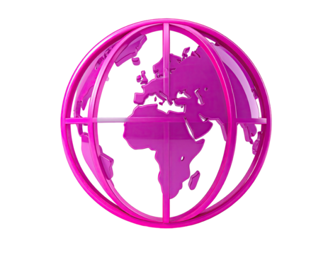 Magenta globe, outlined in bright pink, rotates on a dark background