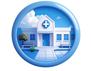 Round, light blue icon; stylized hospital building; light blue background