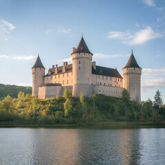 Fototapeta premium Picturesque castle atop a hill overlooking a lake