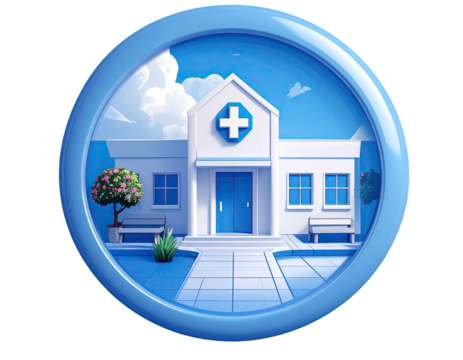 Round, light blue icon; stylized hospital building; light blue background