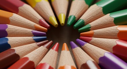 Obraz premium Macro shot of colorful pencils tips arranged in a circle, high sharpness, vibrant detail