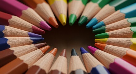 Obraz premium Macro shot of colorful pencils tips arranged in a circle, high sharpness, vibrant detail