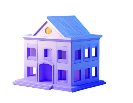3D model of a stylized, light purple building
