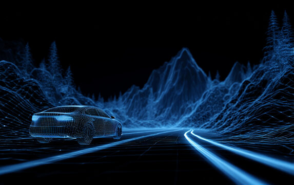 Autonomous vehicle driving on a futuristic wireframe mountain road