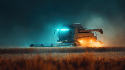 Fototapeta premium Autonomous Combine Harvester Collecting Golden Wheat in Autumn Field with Futuristic Technology Glow