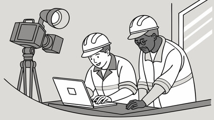 Two Workers Reviewing Footage on Laptop with Camera Equipment.