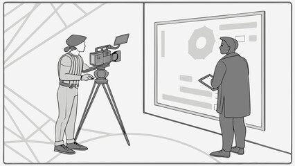 Video Production Film Crew Cameraman Director Studio Presentation Meeting Professional Business Workplace Modern Minimalist Illustration Graphic Design Technology Equipment Camera Tripod Screen Monit.