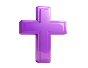 3D rendered, vibrant purple cross with beveled edges