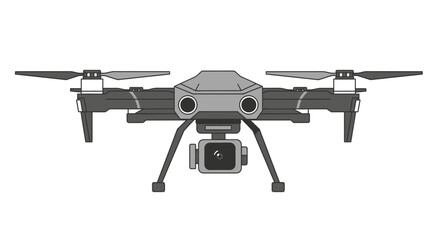 Gray Drone with Camera and Propellers Front View Vector Illustration.