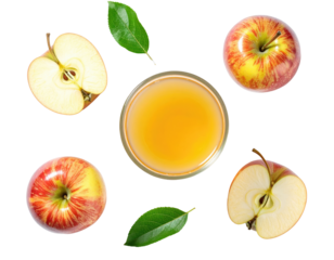 Fresh apple juice and whole and sliced apples arranged in a circular pattern
