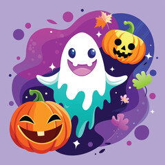 Fototapeta premium Friendly ghost character celebrating halloween with spooky decorations
