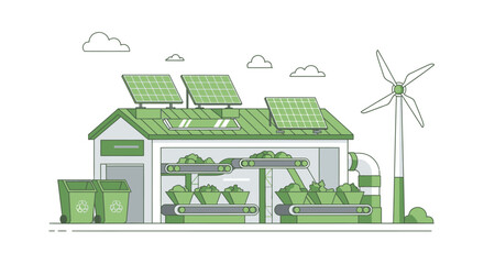 Sustainable Recycling Plant with Solar Panels and Wind Turbine Illustration.