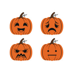 Four spooky pumpkin faces expressing different emotions for halloween decorations vector