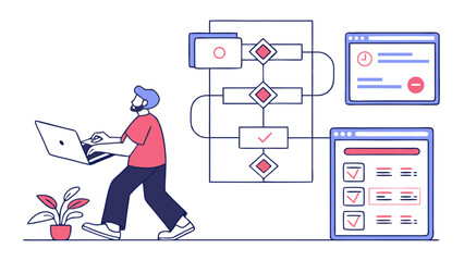 Workflow process person working on laptop project management business process task management checklist flowchart online tasks digital workflow computer interface planning organization progress produ.