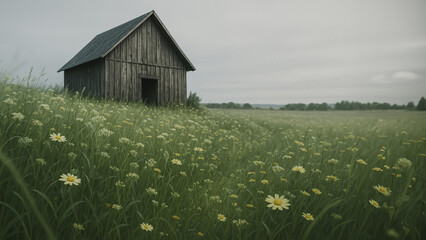 Rustic Barn in Blooming Meadow: An aged wooden barn stands serenely amidst a vibrant meadow of wildflowers under an overcast sky, an enchanting scene evoking tranquility and nature's charm.