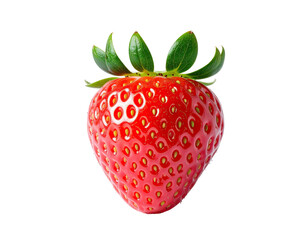 Close-up of a single, vibrant red strawberry with green leaves atop