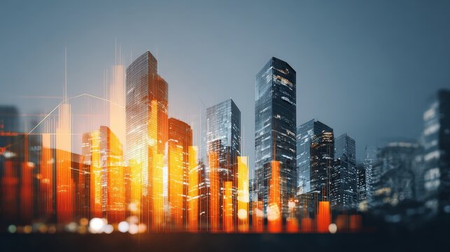 A modern city skyline illuminated with bright orange lights, showcasing skyscrapers and a dynamic urban atmosphere.