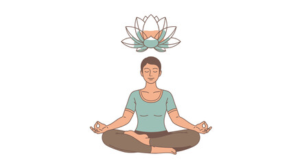Woman in Lotus Position Meditating with Lotus Flower Above Head.