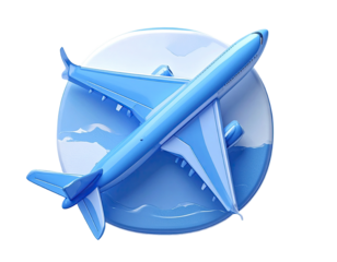 Light-blue airplane icon, set within a light-blue circle depicting clouds and sky