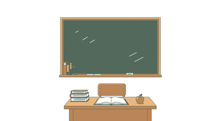 Classroom Scene with Chalkboard Desk Books Open Book Apple and Chair.