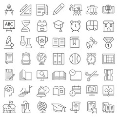 Education Line Icons Editable Stroke. Book, Audiobook, E-Reader, Studying, Tutorial, Personal Organizer, Diary, learning and research in education, school or college.