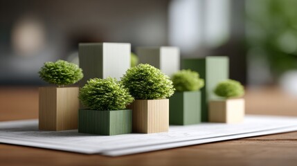 Fototapeta premium Miniature green buildings with lush topiary create an artistic urban landscape on a wooden table