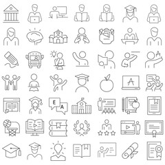 Fototapeta premium Education Line Icons Editable Stroke. Book, Audiobook, E-Reader, Studying, Tutorial, Personal Organizer, Diary, learning and research in education, school or college.
