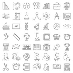 Education Line Icons Editable Stroke. Book, Audiobook, E-Reader, Studying, Tutorial, Personal Organizer, Diary, learning and research in education, school or college.