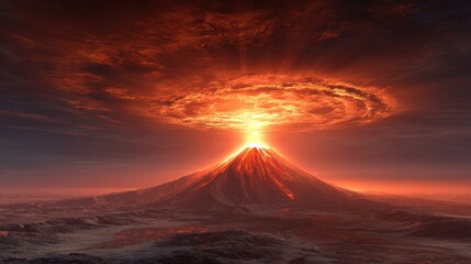 Volcano Eruption with Fiery Orange Sky and Smoke Plumes at Sunset