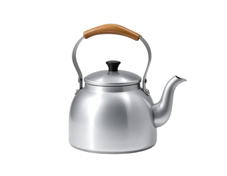 Silver aluminum kettle with wooden handle