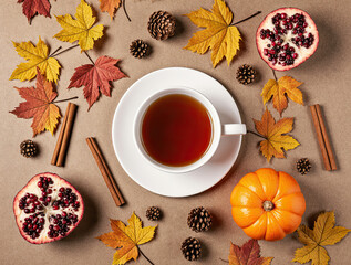 autumn_flat_lay_composition_cup_of_tea_autumn_dry_bright_leaves_roses_flowers_orange_circle_cones