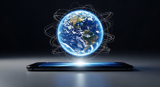 Futuristic digital globe with data particles floating above smartphone showcasing global connectivity and technology