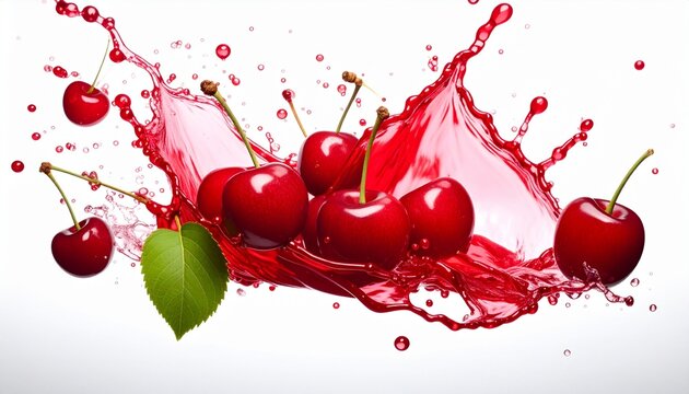 Fresh red cherries splashing in juice, dynamic motion freeze, high-speed studio photography. - Powered by Adobe