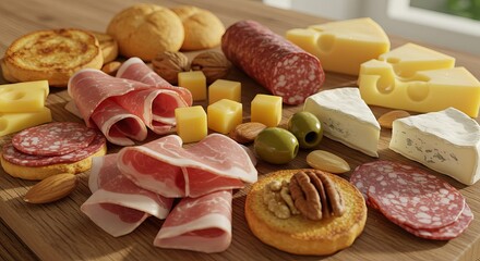 Food platter featuring cheese salami ham bread olives almonds and walnuts arranged on a wooden surface under indoor lighting