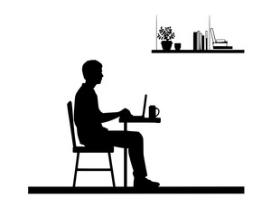 Vector art of silhouette person working on laptop at desk with minimalist decor, symbolizing productivity, modern work culture, and remote working