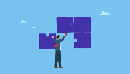 Businessman complete jigsaw puzzle. Solve puzzle problem, think of solution, finish or accomplishment, creativity idea or challenge, connect jigsaw piece to resolve work or business trouble.