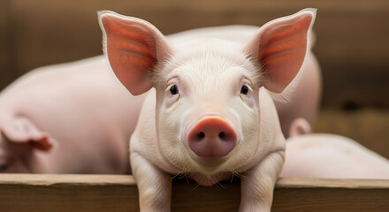 Closeup portrait of a young pink piglet with curious expression in natural lighting