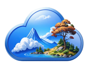 Blue cloud graphic with a landscape scene inside
