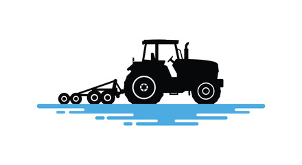 tractor silhouette working field blue waves background