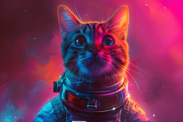 A cute cat wearing an astronaut suit in a space-themed setting with vibrant neon light effects. Pet adventure fantasy concept.