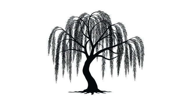 a solitary willow tree with drooping branches and intricate roots