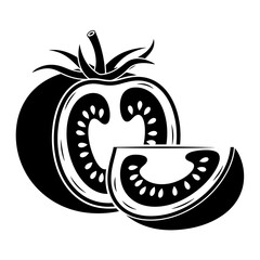 Stylized black and white tomato slice and half
