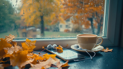 Cup of coffee or tea with smartphone and earbuds, surrounded by autumn leaves by a window—perfect for an autumn playlist concept